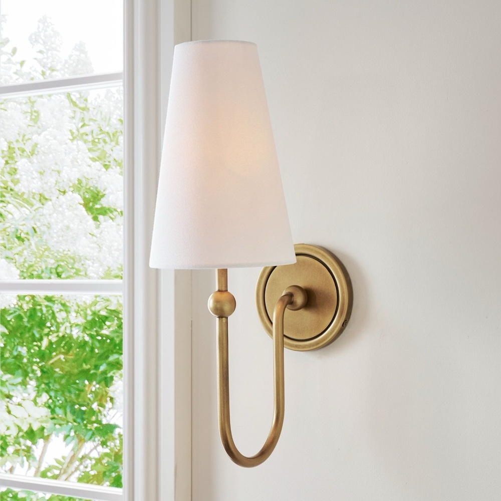 Pottery Barn Rejuvenation William Sonoma Brass Wall Sconce White Linen Shade NWT